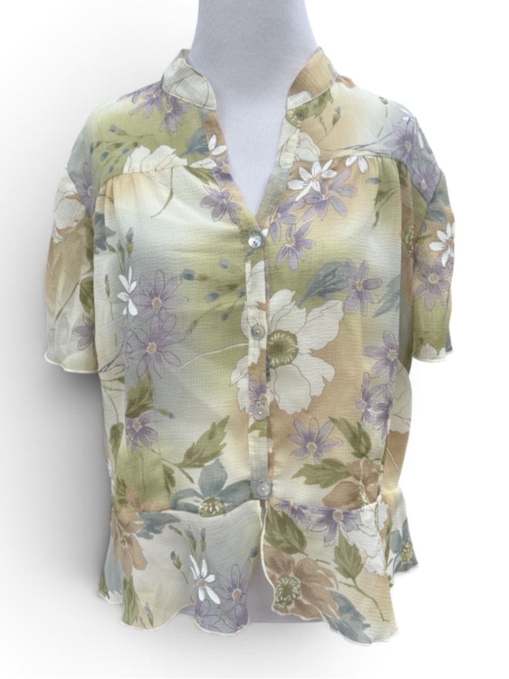 Vintage Alfred Dunner Pastel Floral Button-Front Short Sleeve Blouse